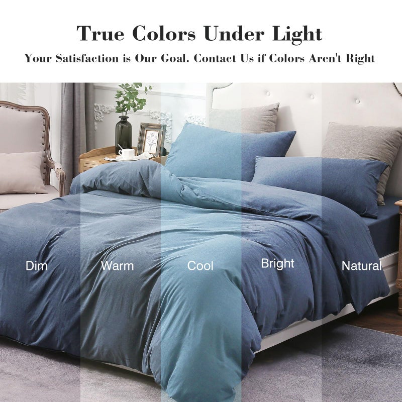 PURE ERA Jersey Knit Duvet Cover Set 100% T-Shirt Cotton Super Soft Comfy 3pc Bedding Set with Zipper Closure (Heather Navy Blue, King) - Image 5